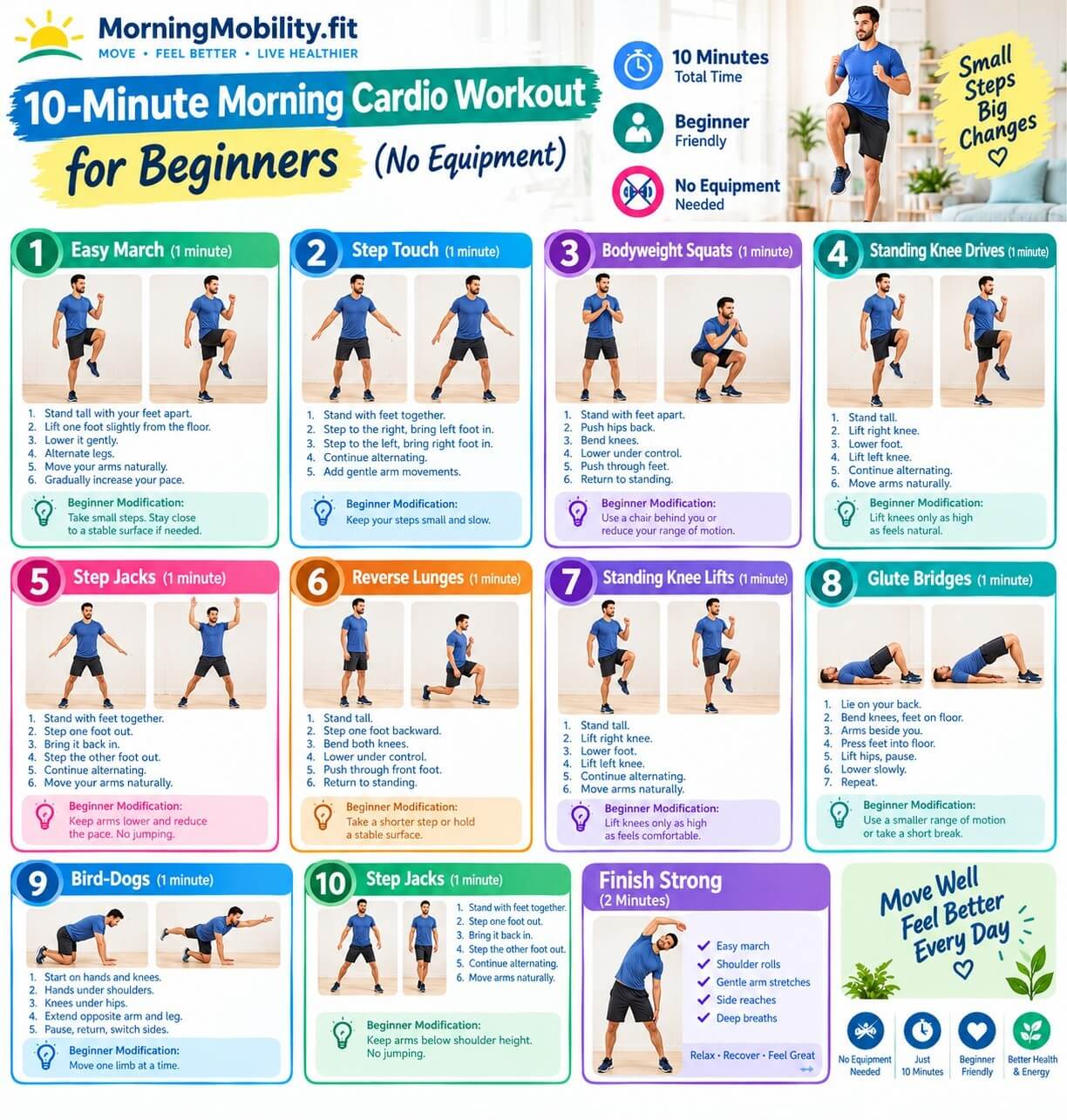 10-minute morning cardio workout for beginners infographic with 10 no-equipment exercises