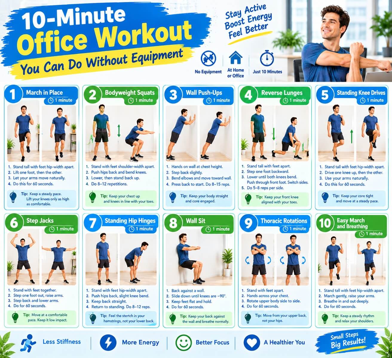 10-minute office workout without equipment steps