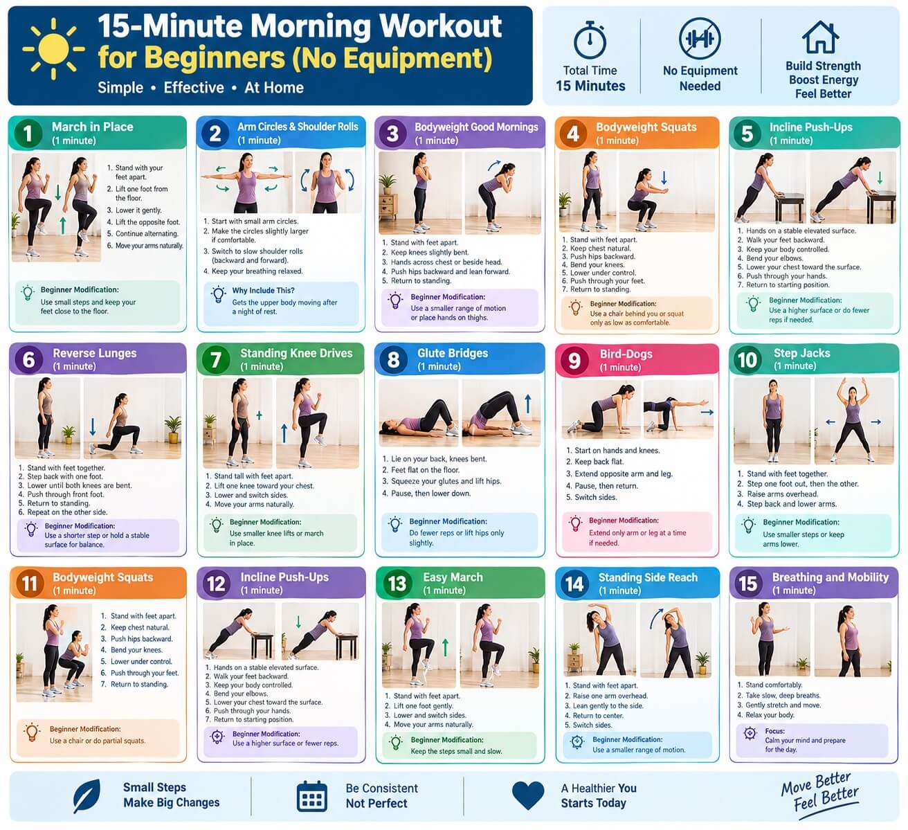 15-minute morning workout exercise steps for beginners