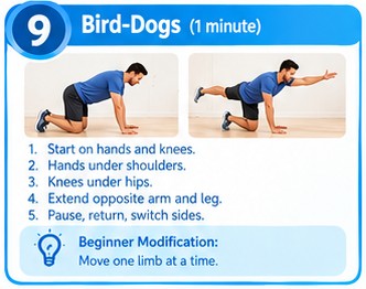 Bird-dogs exercise from the 10-minute morning cardio workout for beginners, no equipment