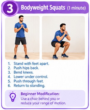 Bodyweight squats exercise from the 10-minute morning cardio workout for beginners, no equipment