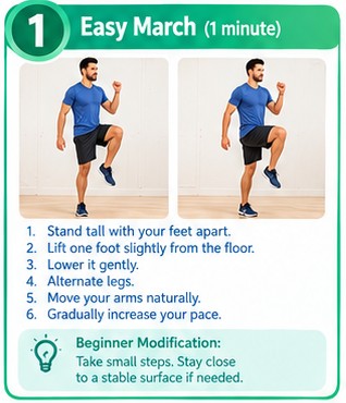 Easy march exercise from the 10-minute morning cardio workout for beginners, no equipment