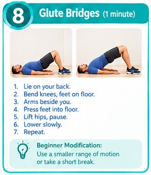 Glute bridges exercise from the 10-minute morning cardio workout for beginners, no equipment