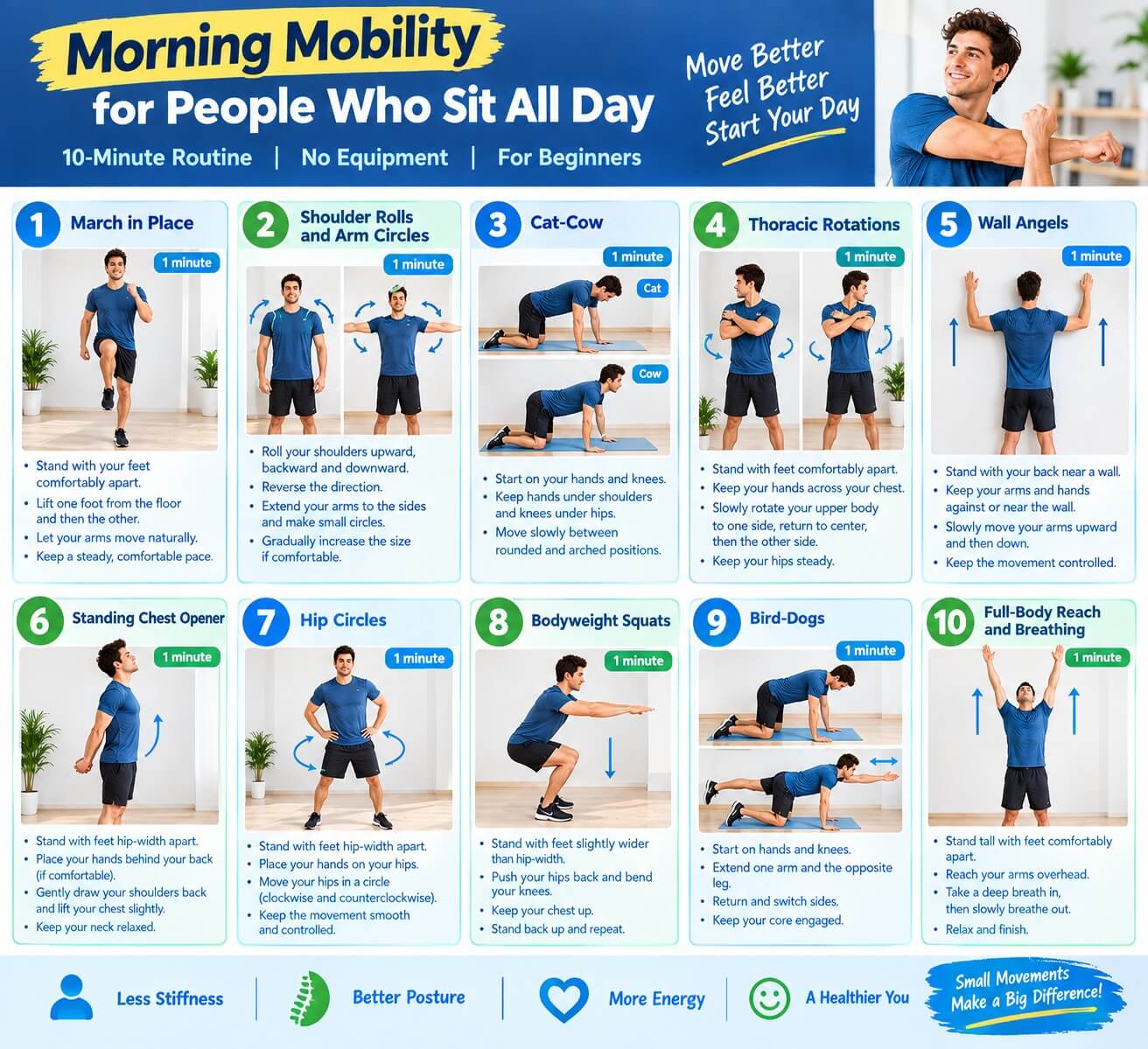 morning mobility routine for people who sit all day steps