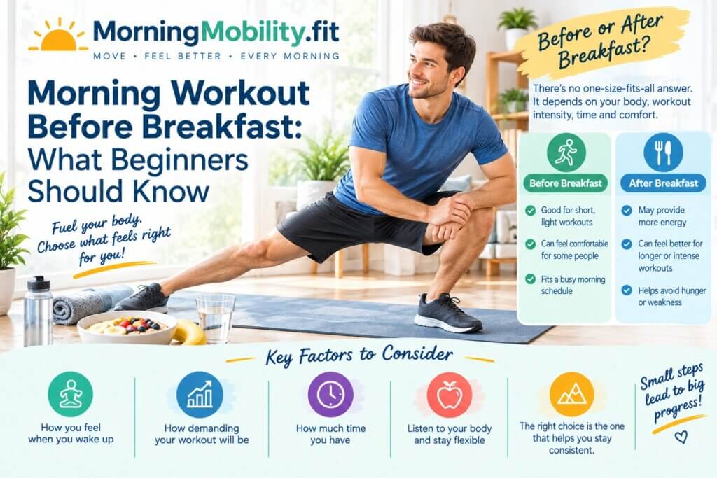 beginner doing a morning workout before breakfast at home