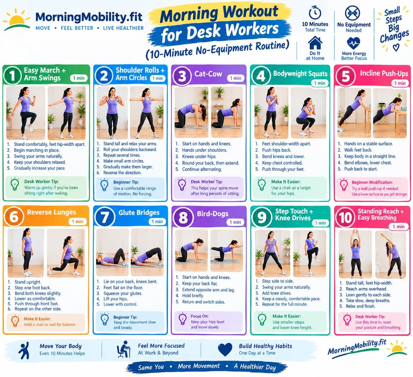 10-minute morning workout for desk workers step-by-step exercises