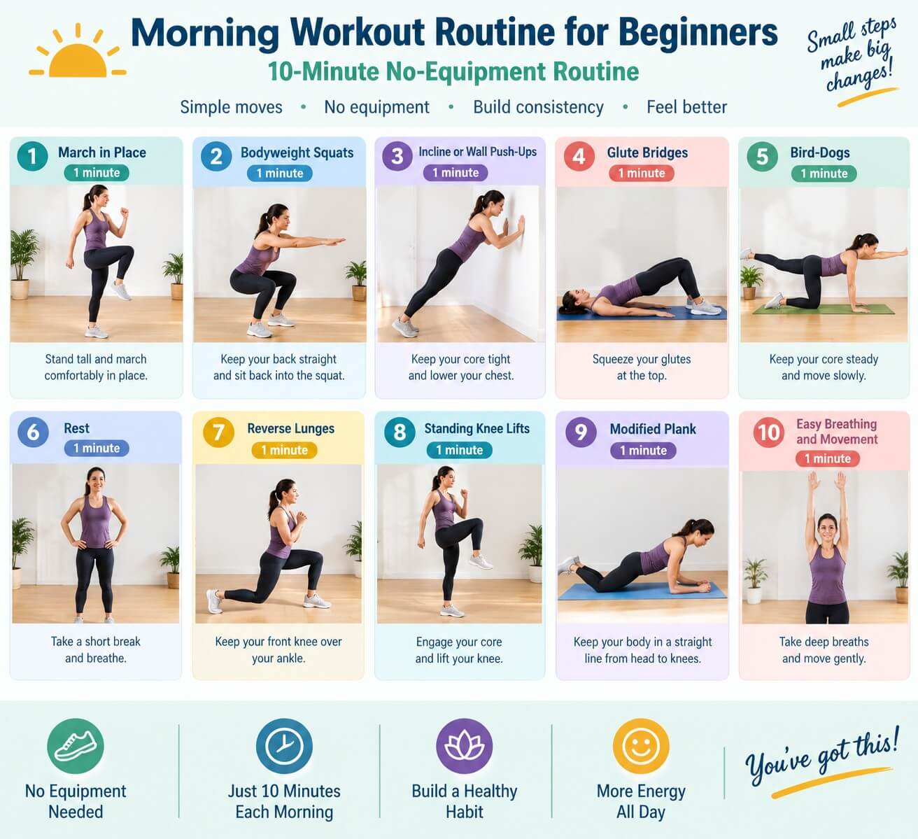 morning workout routine steps for beginners at home