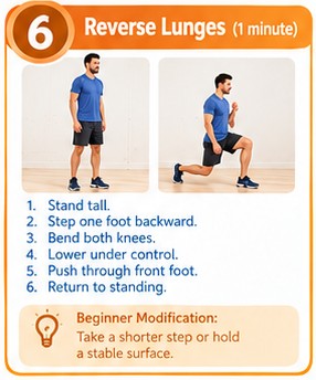 Reverse lunges exercise from the 10-minute morning cardio workout for beginners, no equipment
