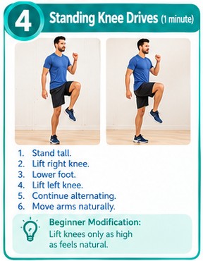 Standing knee drives exercise from the 10-minute morning cardio workout for beginners, no equipment