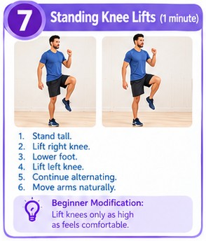 Standing knee lifts exercise from the 10-minute morning cardio workout for beginners, no equipment