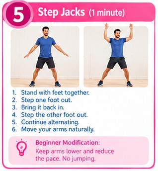 Step jacks exercise from the 10-minute morning cardio workout for beginners, no equipment
