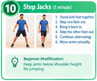 Step jacks (second round) exercise from the 10-minute morning cardio workout for beginners, no equipment