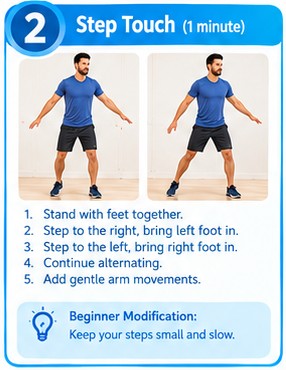 Step touch exercise from the 10-minute morning cardio workout for beginners, no equipment
