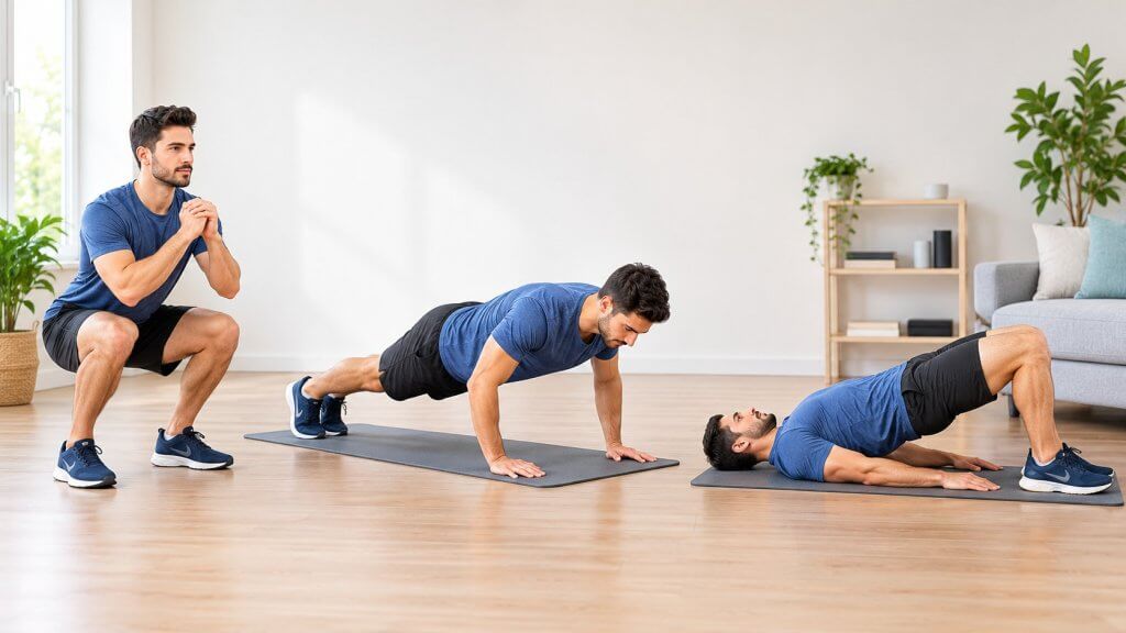 Adult demonstrating bodyweight exercises at home, including a squat, push-up, and glute bridge.