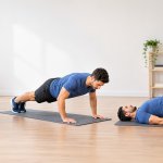 Adult demonstrating bodyweight exercises at home, including a squat, push-up, and glute bridge.