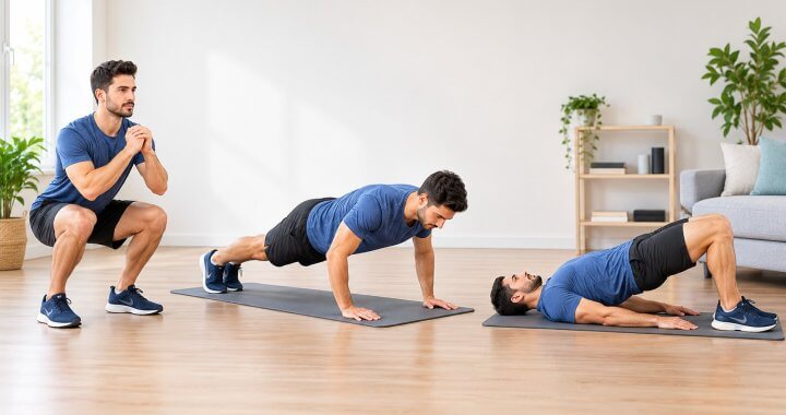 Adult demonstrating bodyweight exercises at home, including a squat, push-up, and glute bridge.
