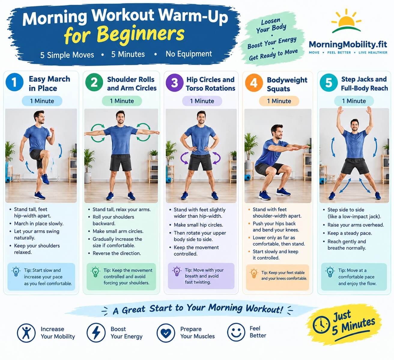 Five-step morning warm-up infographic showing marching in place, shoulder rolls and arm circles, hip circles and torso rotations, bodyweight squats, and step jacks with a full-body reach