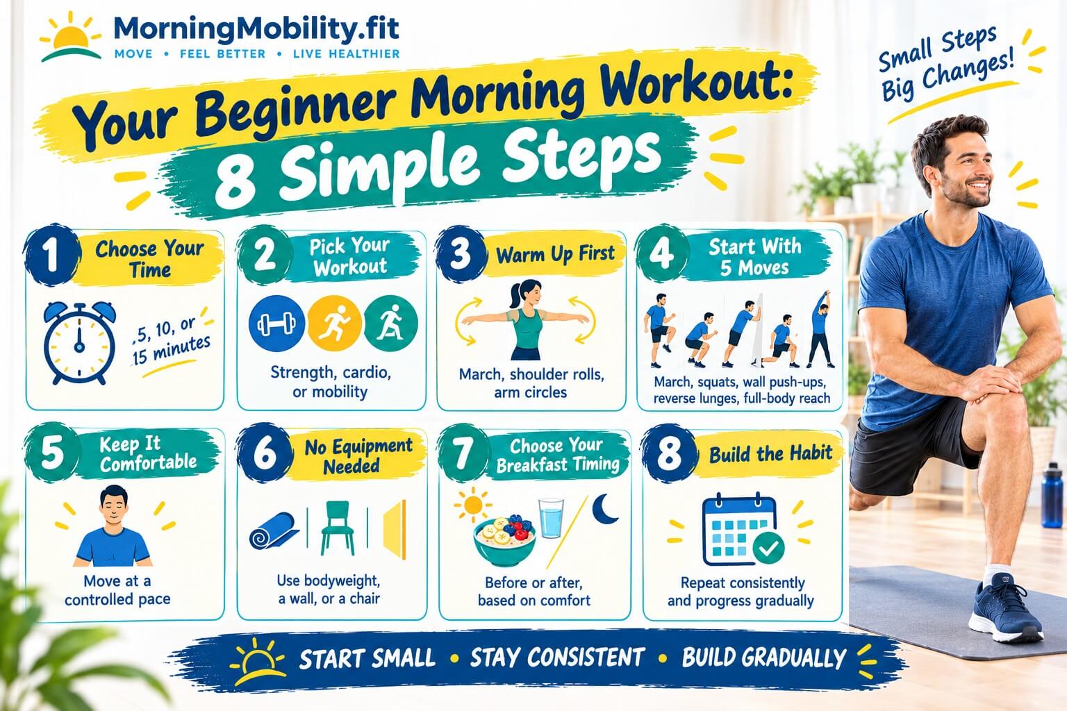 Eight simple steps for starting a beginner morning workout at home