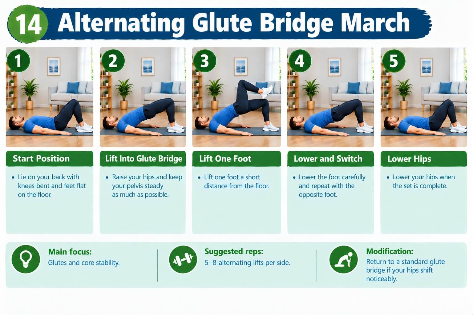Adult lying on their back in a glute bridge, lifting one knee in an alternating march at home