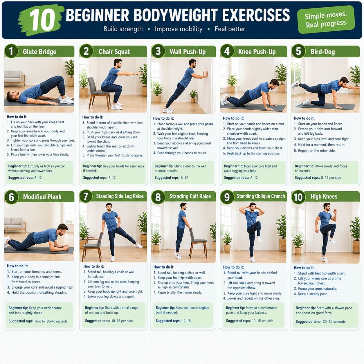 Infographic of 10 beginner bodyweight exercises to do at home, including glute bridge, chair squat, wall push-up, knee push-up and bird-dog, with step-by-step instructions and suggested reps
