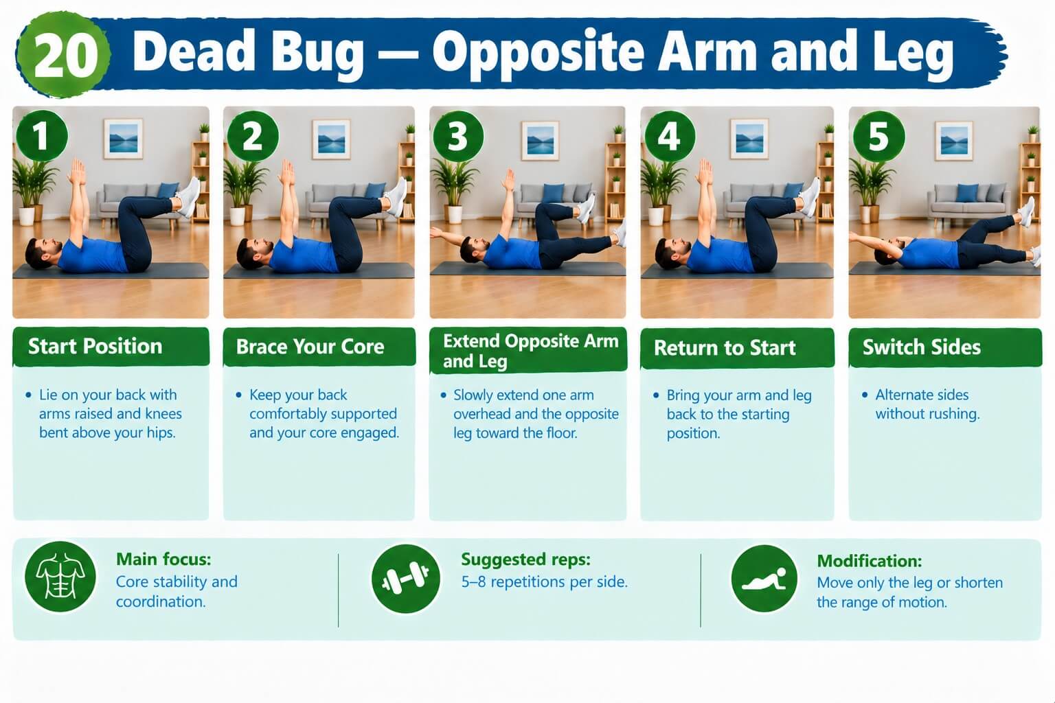 Adult lying on their back doing a dead bug with the opposite arm and leg extended at home