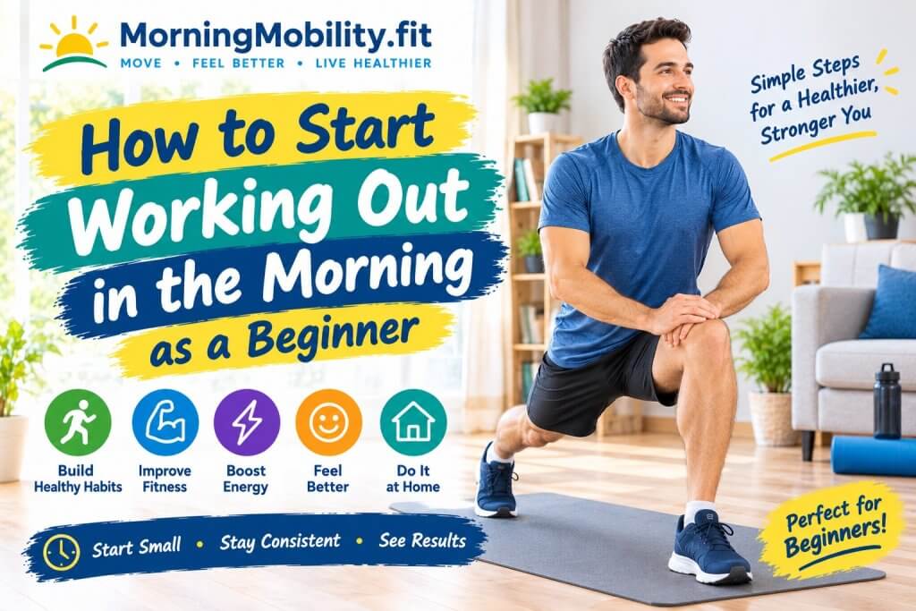 Beginner morning workout at home with a man warming up on an exercise mat