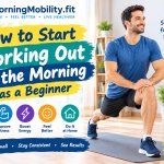 Beginner morning workout at home with a man warming up on an exercise mat