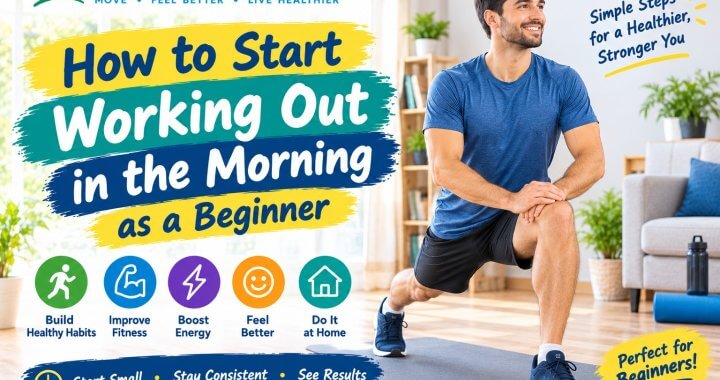 Beginner morning workout at home with a man warming up on an exercise mat