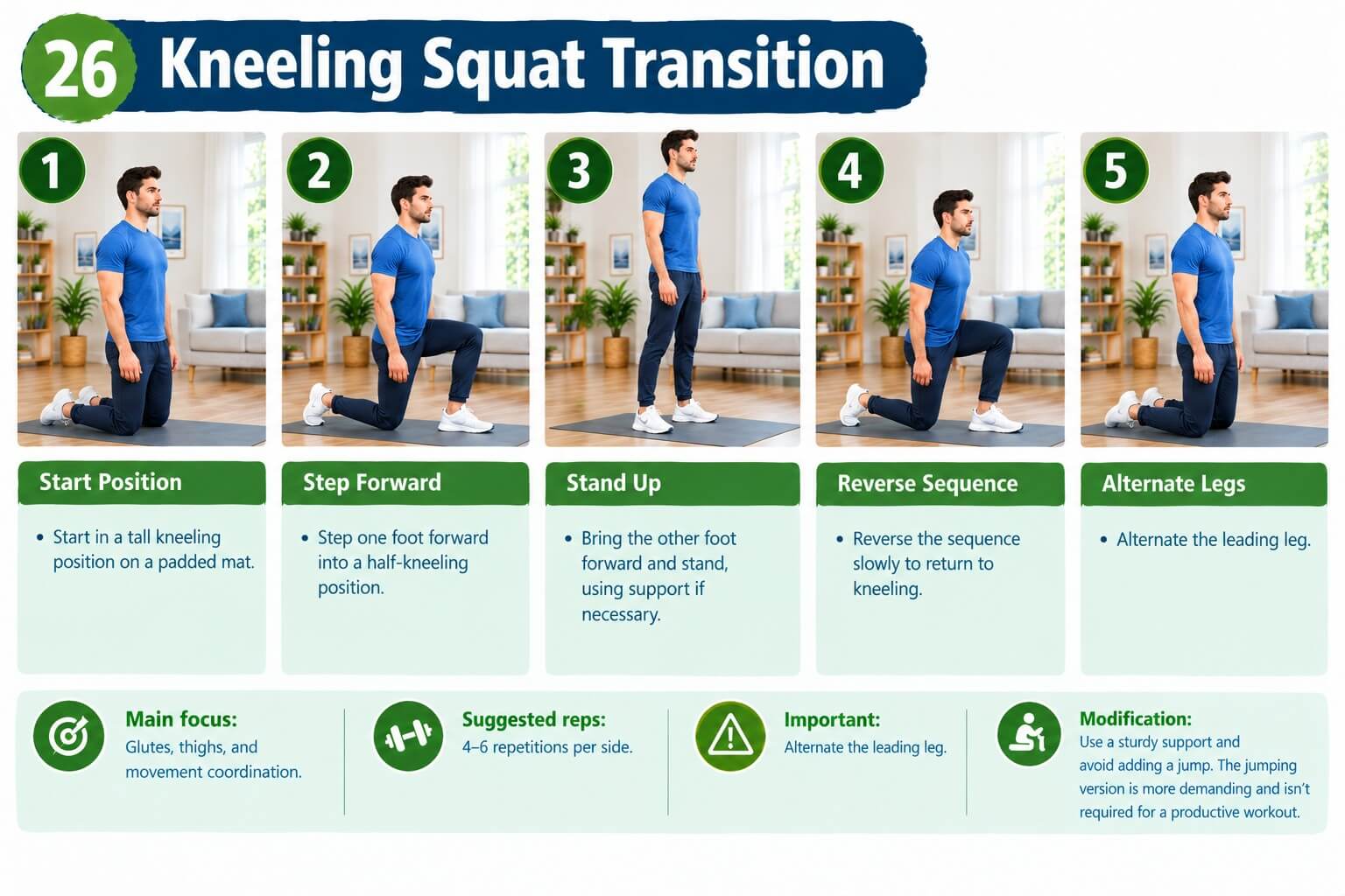 Adult moving from a kneeling position into a squat at home