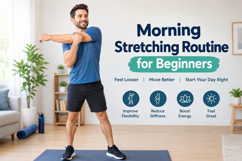 Male instructor demonstrating a morning stretching routine for beginners