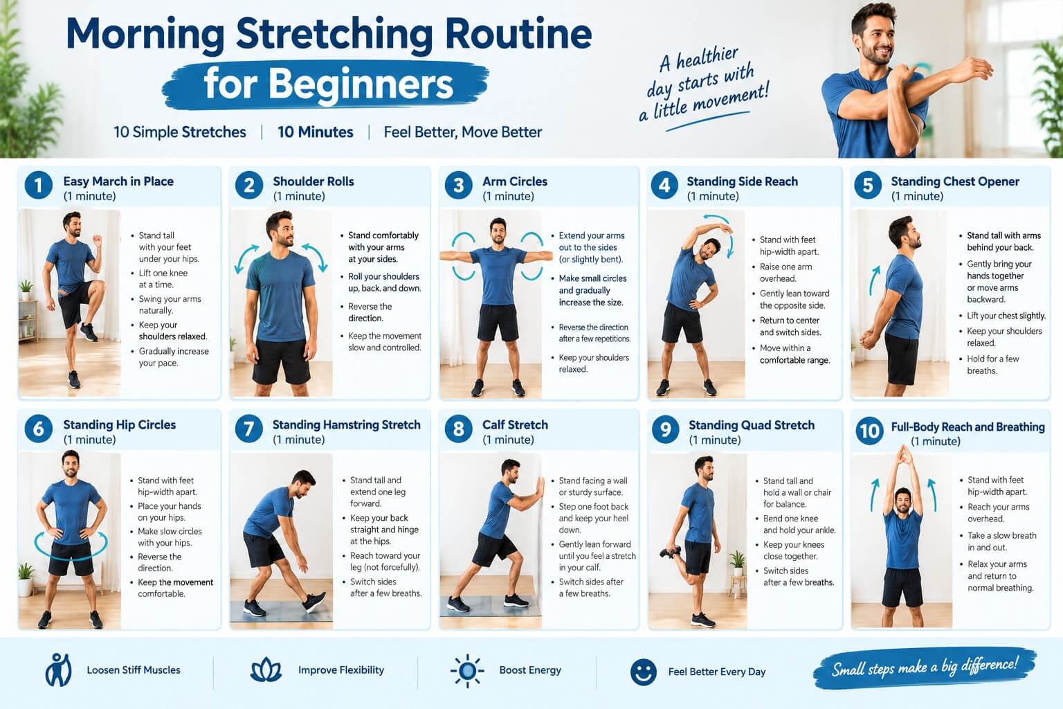 10-minute morning stretching routine for beginners with 10 simple stretches