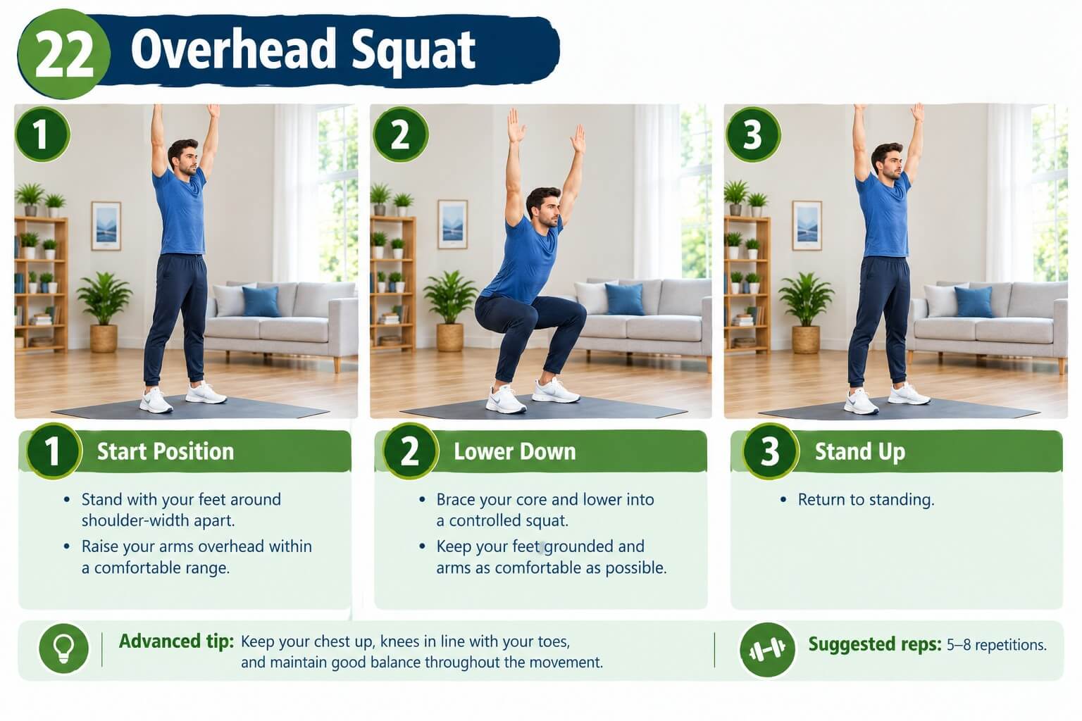 Adult doing an overhead squat with arms raised and chest lifted at home