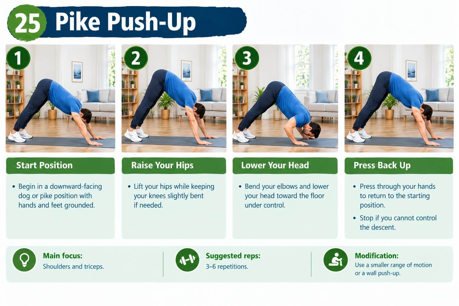 Adult doing a pike push-up with hips high in an inverted V shape at home
