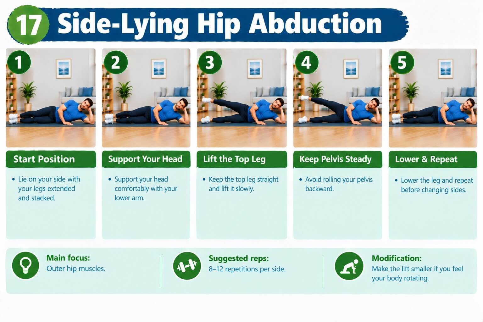 Adult lying on their side lifting the top leg in a side-lying hip abduction at home