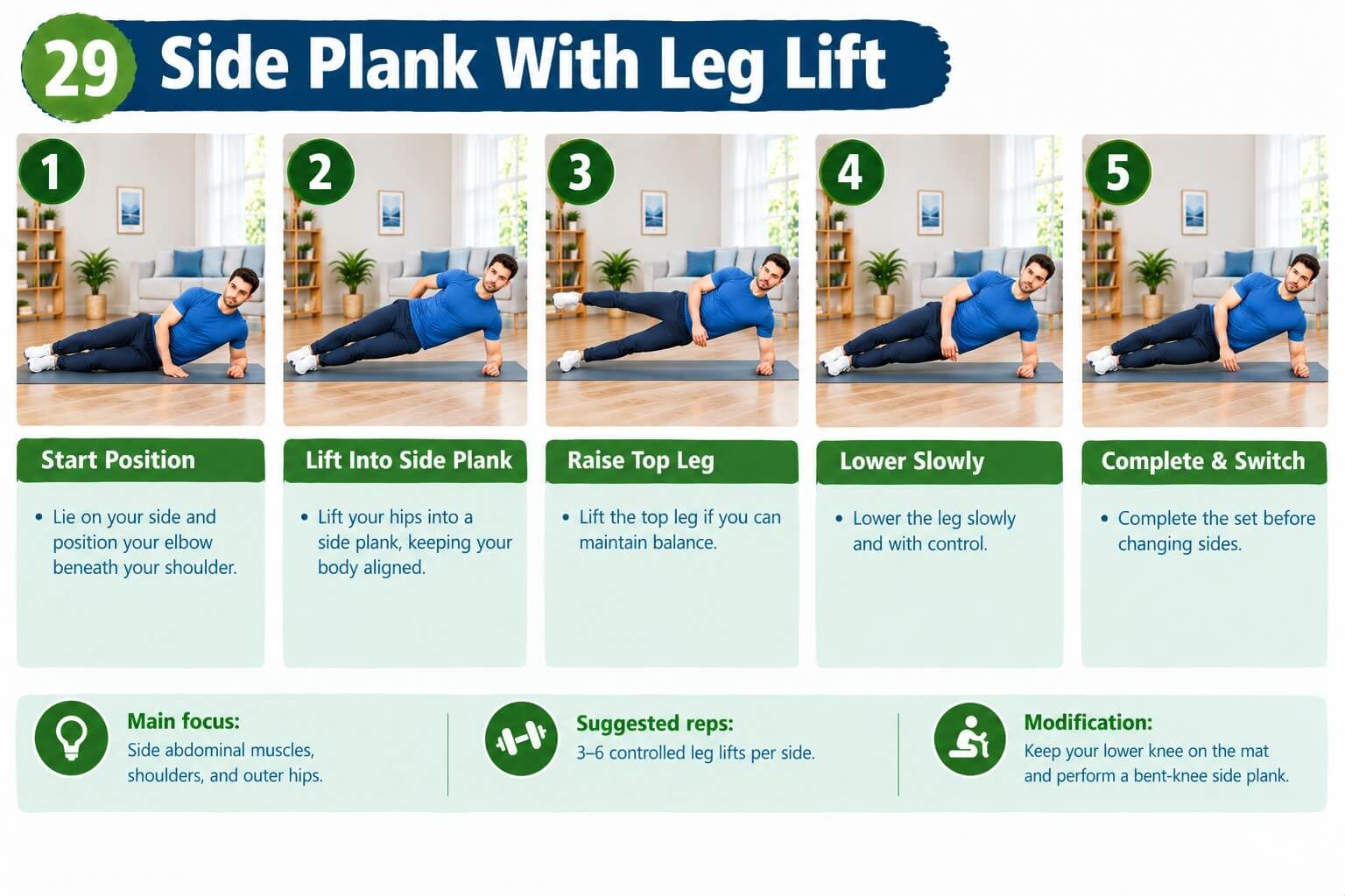 Adult holding a side plank with the top leg lifted at home