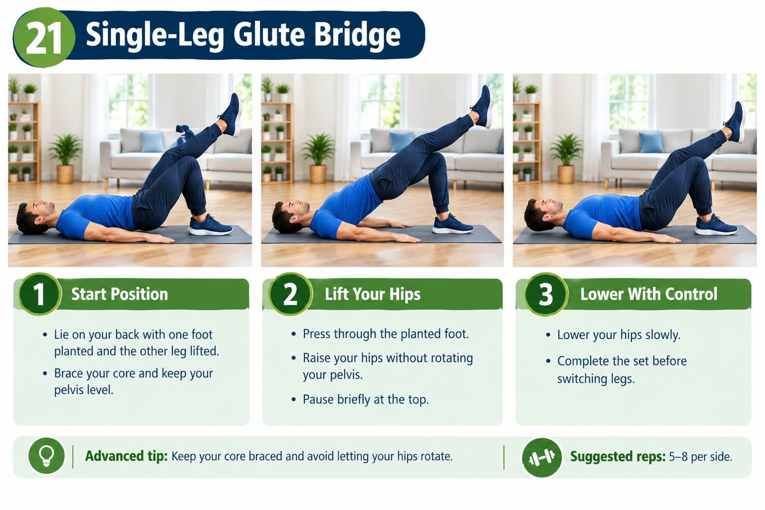 Adult doing a single-leg glute bridge with one leg extended and hips level at home