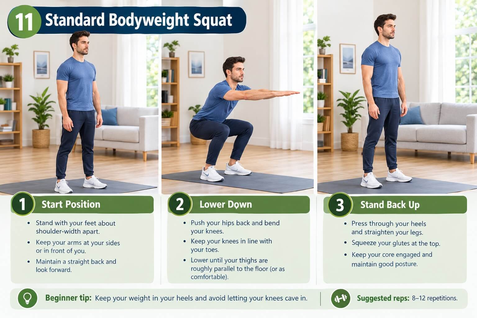 Adult doing a standard bodyweight squat with thighs near parallel to the floor at home