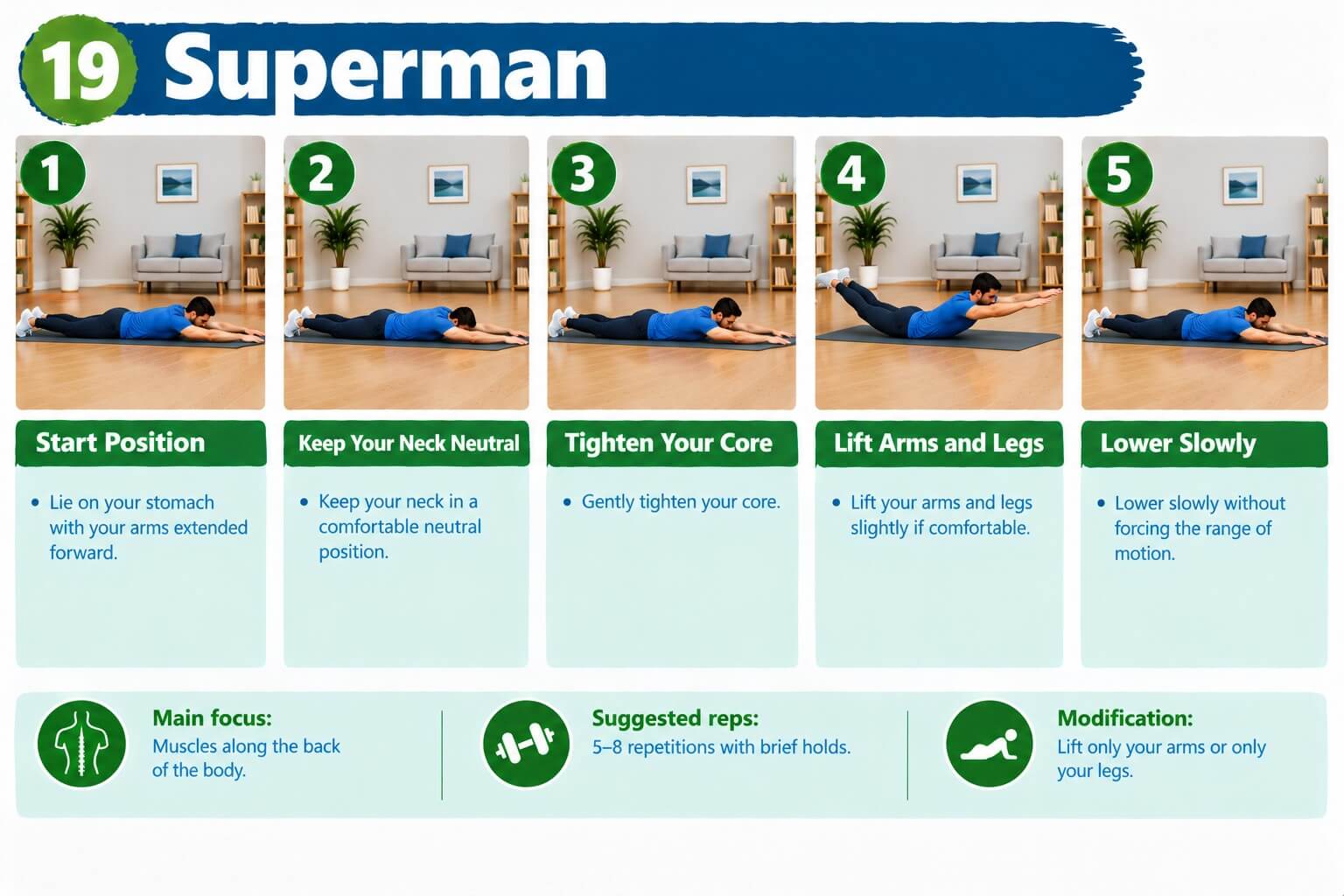 Adult lying face down in a superman with arms and legs lifted off the mat at home